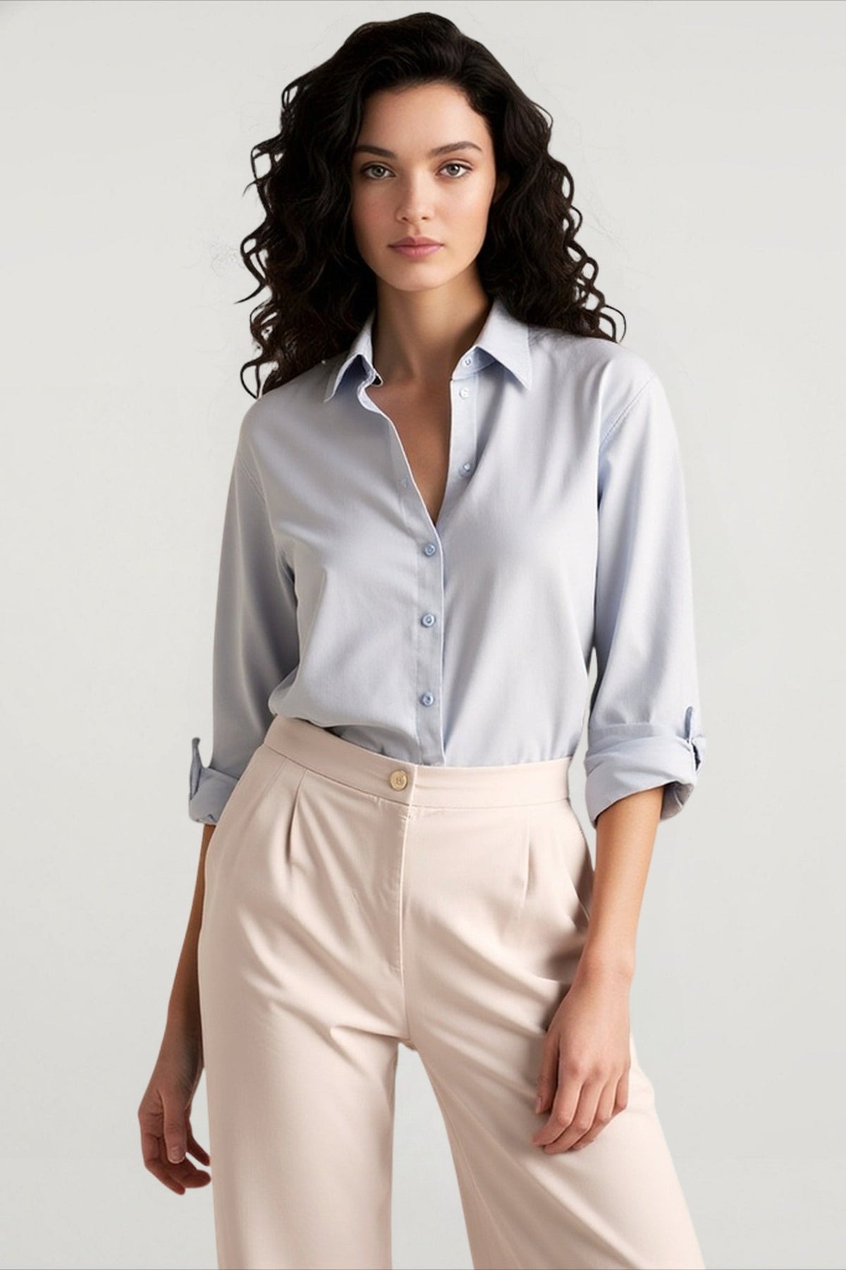 Collared Roll Tab Sleeve Button Front Relaxed Blouse 2