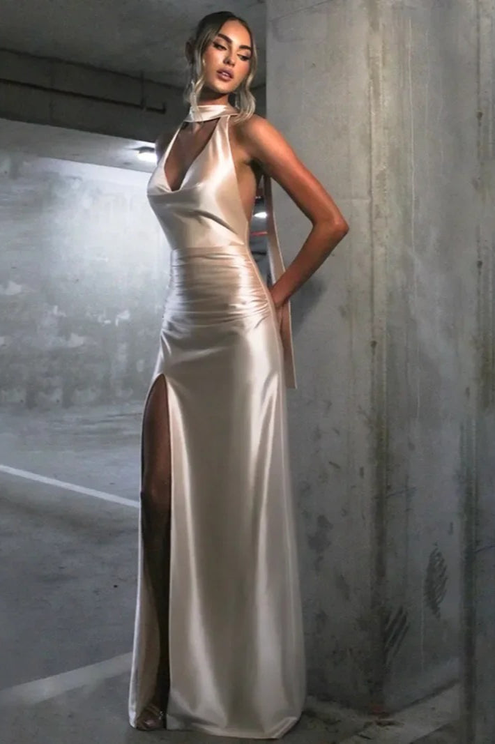 Satin Halter Choker Neck Cowl Front Backless Ruched High Split Maxi Dress 3