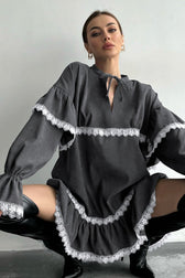 Lace Ruffle Tie V Neck Mini Dress - View 3