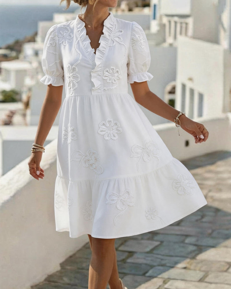 Floral Embroidered Ruffle Neck Puff Sleeve Tiered Midi Dress