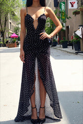 Polka Dot Ruched Lace Mesh Cami Maxi Dress 3
