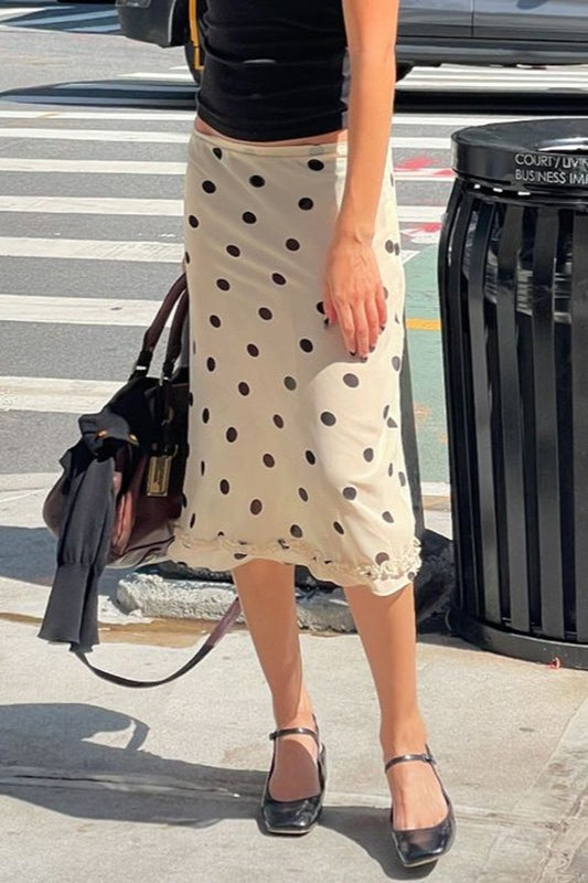 Polka Dot Ruffle Low Rise Midi Skirt