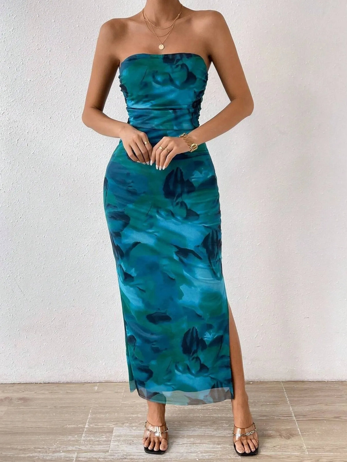 Abstract Print Strapless Ruched Bodycon Maxi Tube Dress 2
