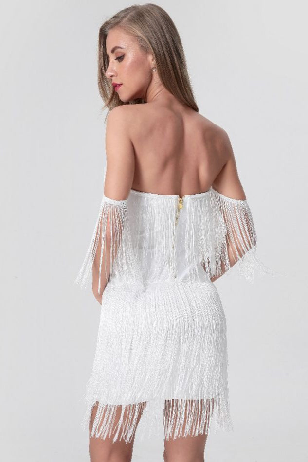 Fringe Tassel Off Shoulder Plunging V-Neck Bodycon Mini Cocktail Dress 2