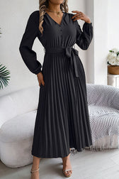Solid Color Elegant V-neck Buttoned Lace-up Pleated Maxi Dress - View 17