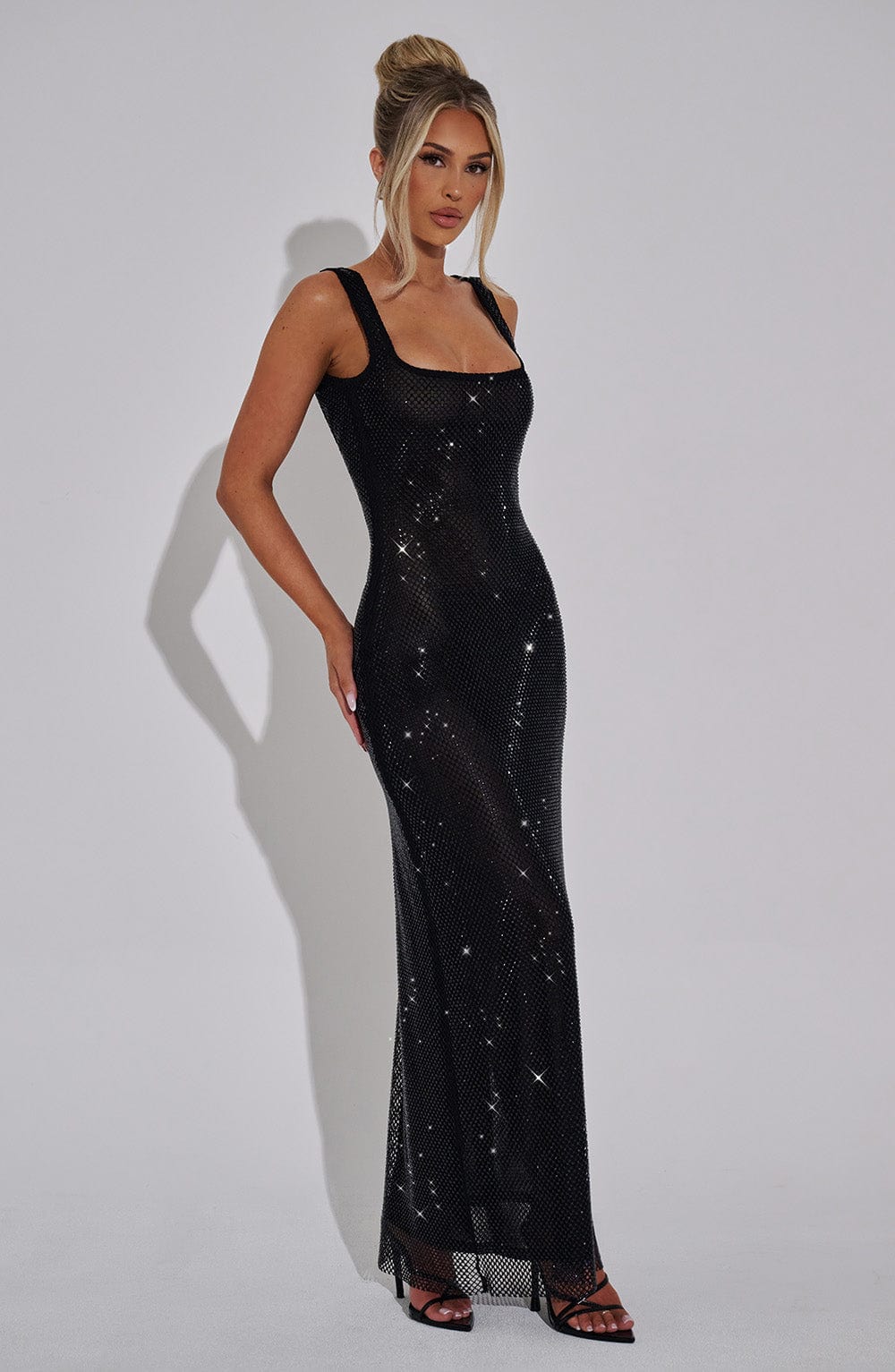 Rhinestone Fishnet Mesh Scoop Neck Tank Bodycon Maxi Dress 4