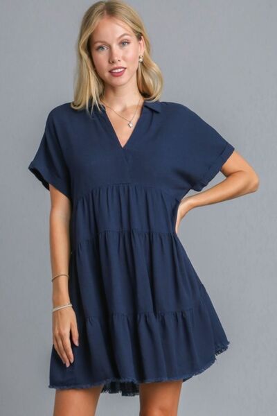 Raw Edge Folded Sleeve Tiered Dress Dark Navy