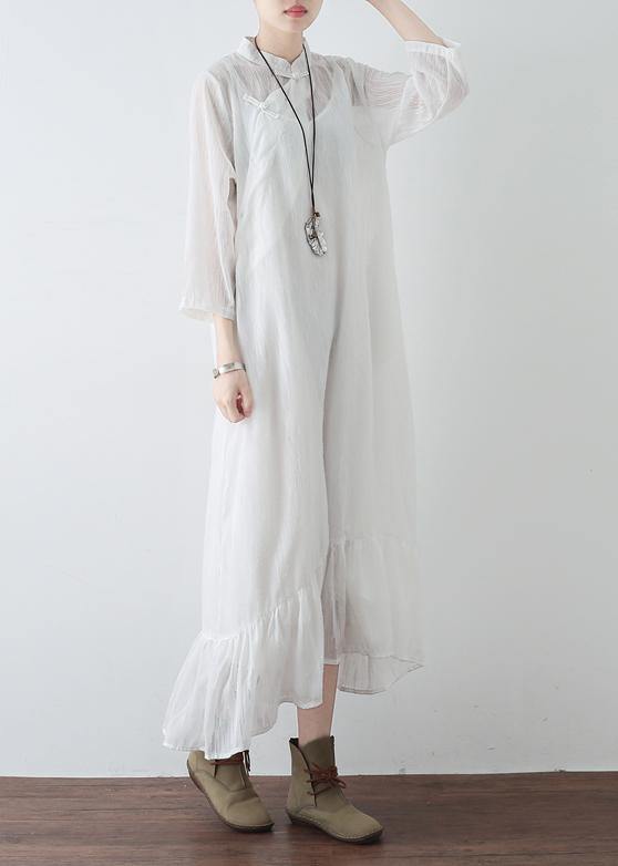 Mandarin Collar Frog Button Tiered Ruffle Gauze Maxi Dress