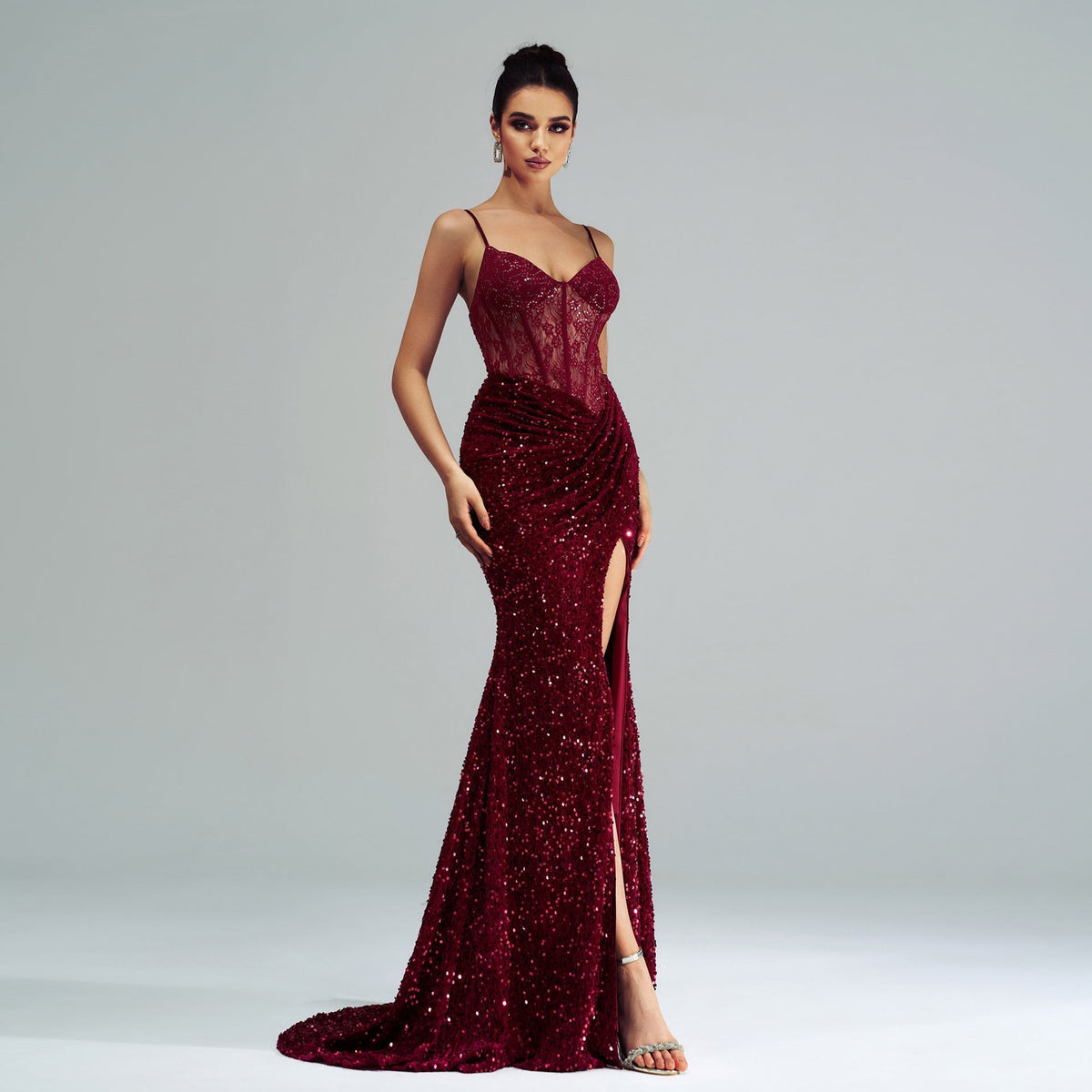Sequin Sheer Lace Corset Bodice Spaghetti Strap High Split Maxi Dress 4
