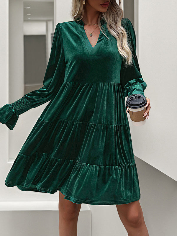 Velvet V-Neck Long Sleeve Tiered Mini Dress 14