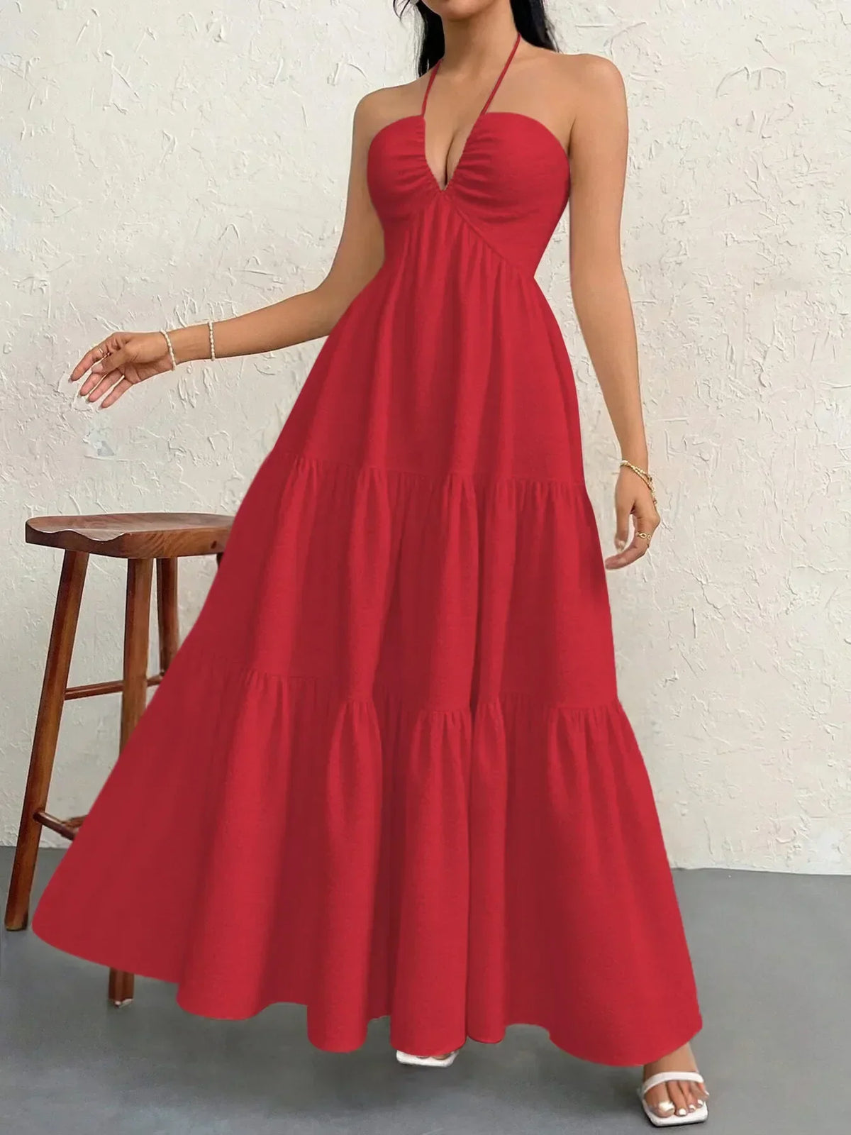 Halter Neck Deep V-Neck Sleeveless Tiered Maxi Dress 14