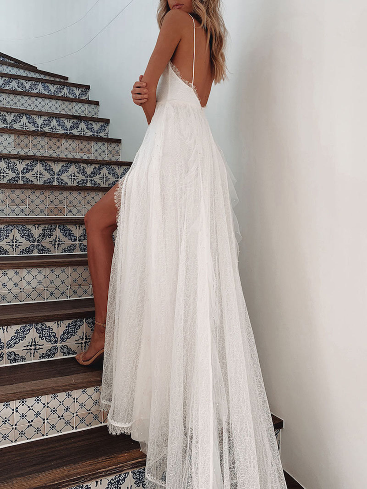 White Wedding Deep V Neck Backless Lace Split Maxi Dress 3
