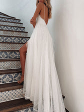 White Wedding Deep V Neck Backless Lace Split Maxi Dress 3