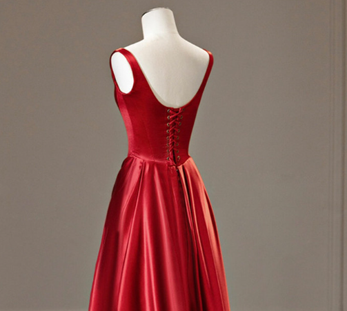 Elegant Red Satin Straps Pleats Prom Dress Long A Line Party Evening Dress cc1515