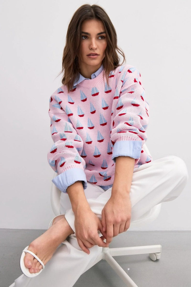 Casual Sailboat Jacquard Pullover Sweater