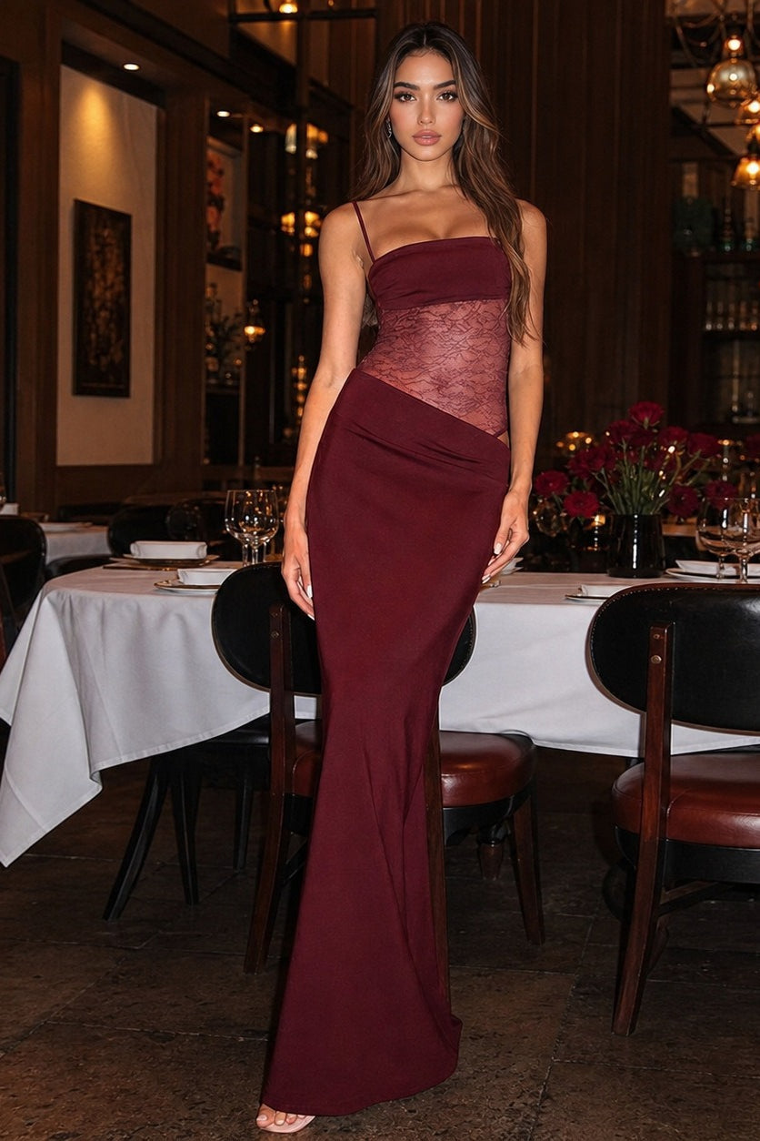 Off-Shoulder Lace Cami Slit Sheer Maxi Lace Dress