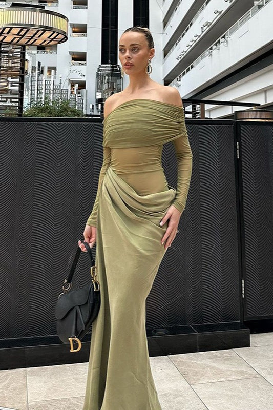 Off Shoulder Long Sleeve Sheer Mesh Ruched Bodycon Maxi Dress