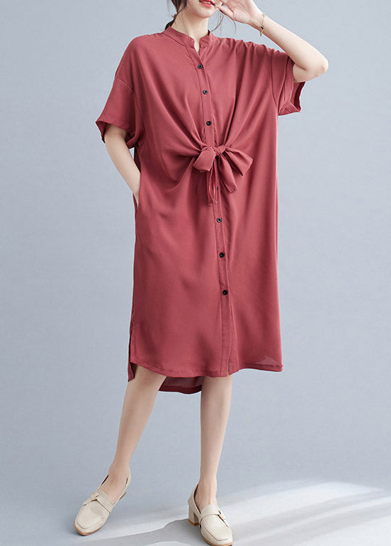 Button Down Mandarin Collar Tie Belt Short Sleeve Midi Shirt Dress