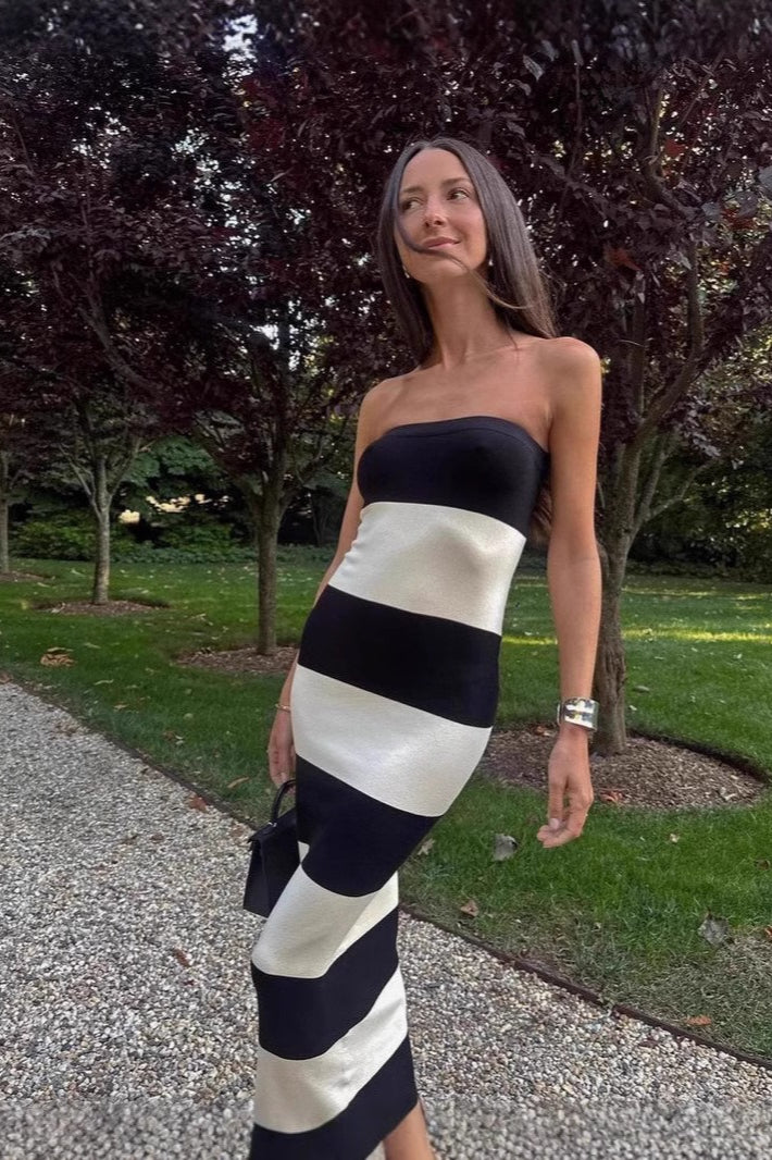 High-Waisted Knit Striped Work Dress