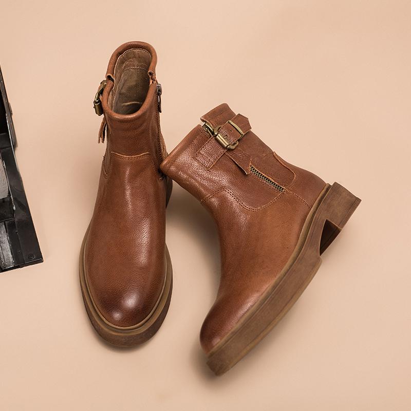 Full Grain Leather Short Boots Designer Retro Chunky Riding Boots Side Zip Buckle Boots Brown/Black