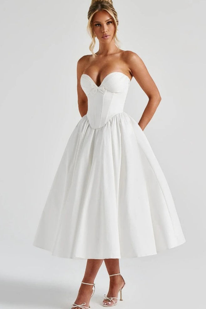 Strapless Bow Corset Satin Fit and Flare Midi Dress
