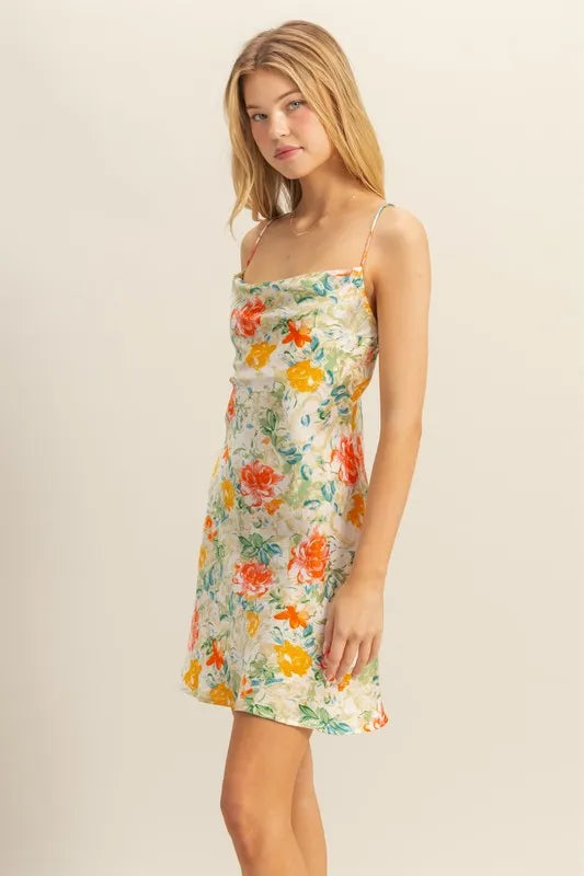 Floral Print Satin Cowl Neck Spaghetti Strap Flared Mini Dress 3