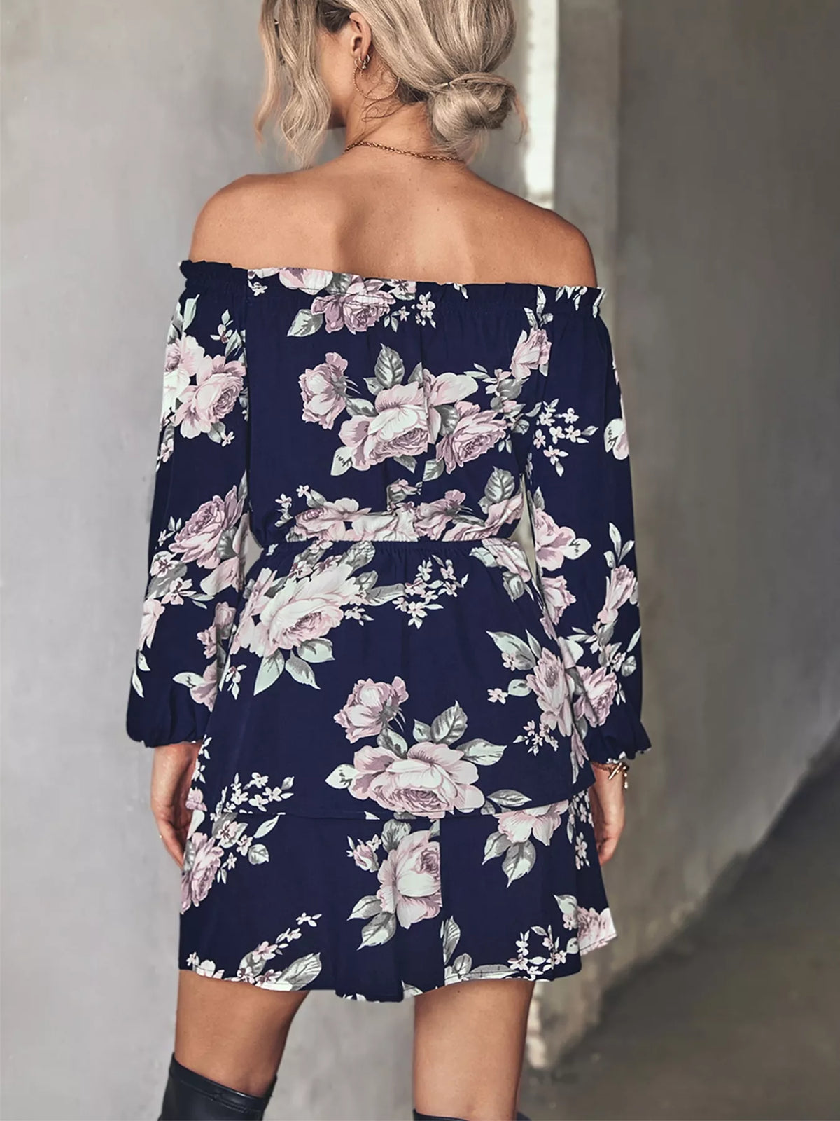 Off-Shoulder Floral Print Long Sleeve Mini Dress