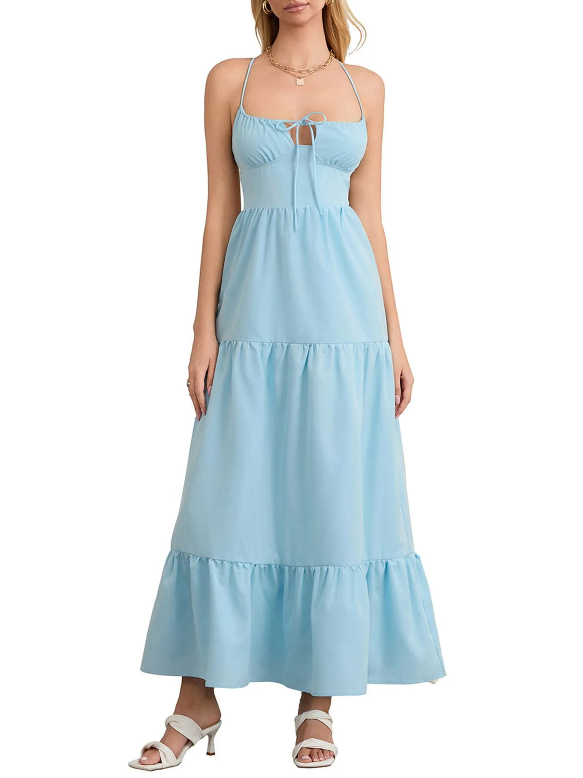 Tiered Lace Up Spaghetti Straps Maxi Dress