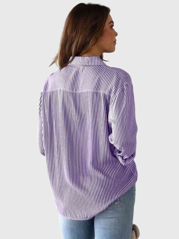 Striped Collared Three Quarter Sleeve Button Front Shirt
