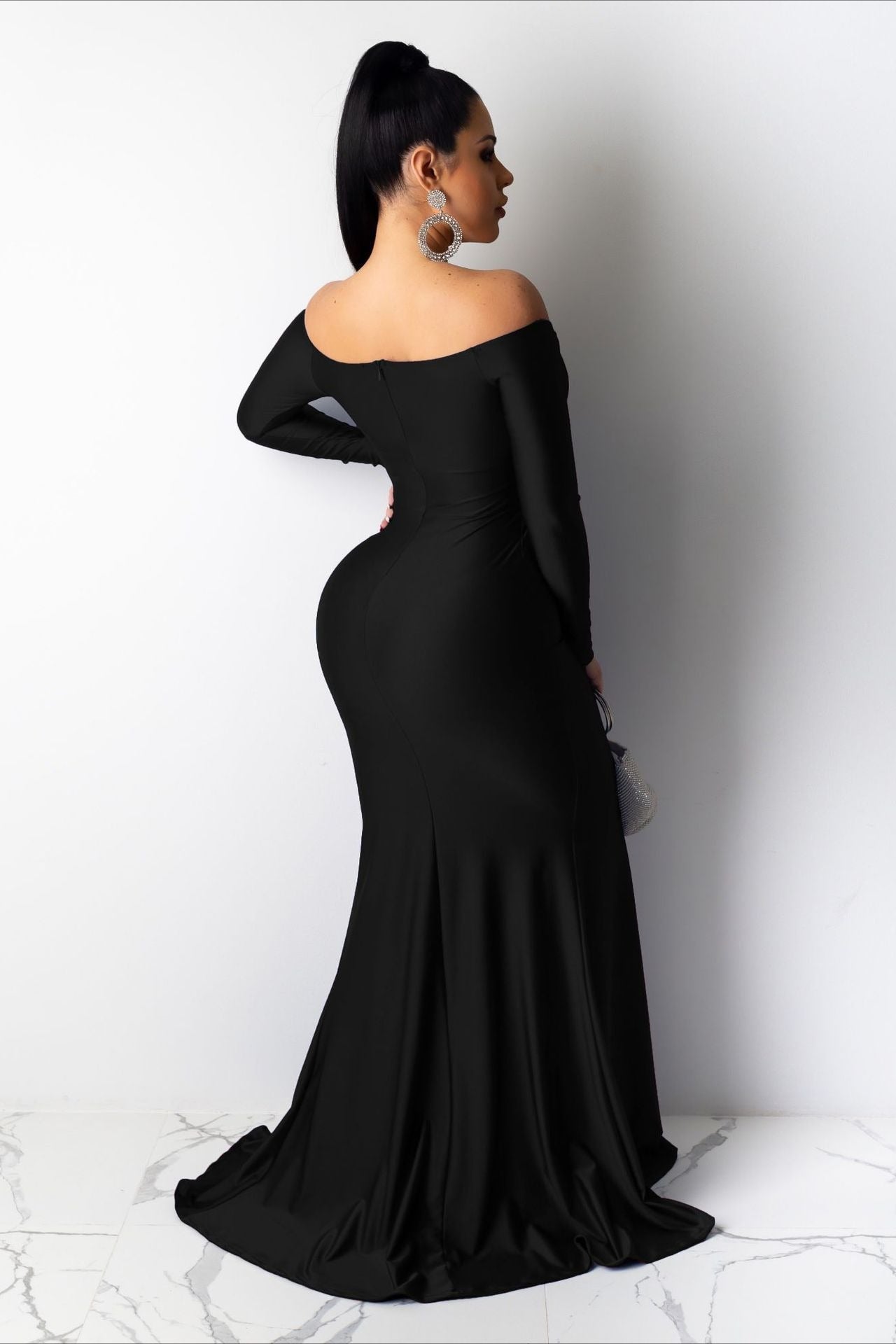 Satin Off Shoulder Long Sleeve High Split Mermaid Maxi Gown