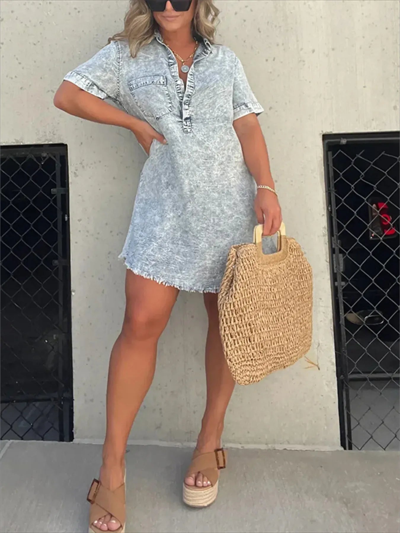 Denim Dreams Raw Hem Mini Dress Grey