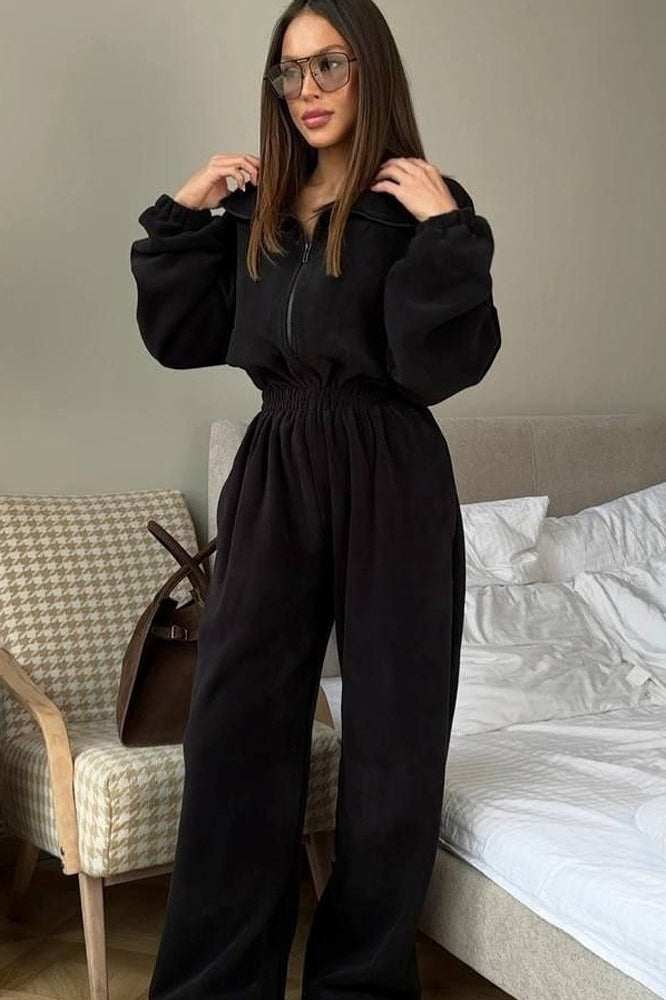 Collared Half Zip Long Sleeve Shirred Waist Wide Leg Jumpsuit 2