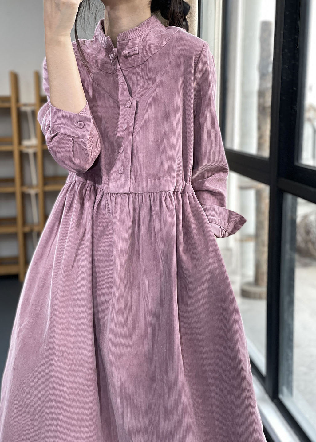 Corduroy Mock Neck Button Front Long Sleeve Pocket Midi Dress