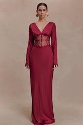 Deep V-Neck Lace Panel Bodycon Maxi Lace Dress