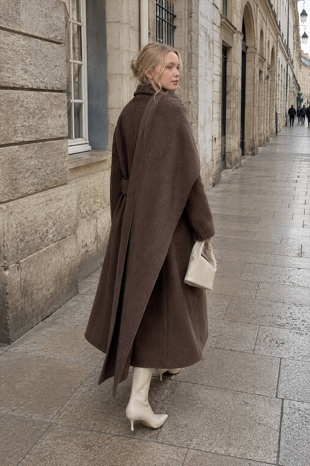 Long Line Scarf Neck Wool Style Overcoat