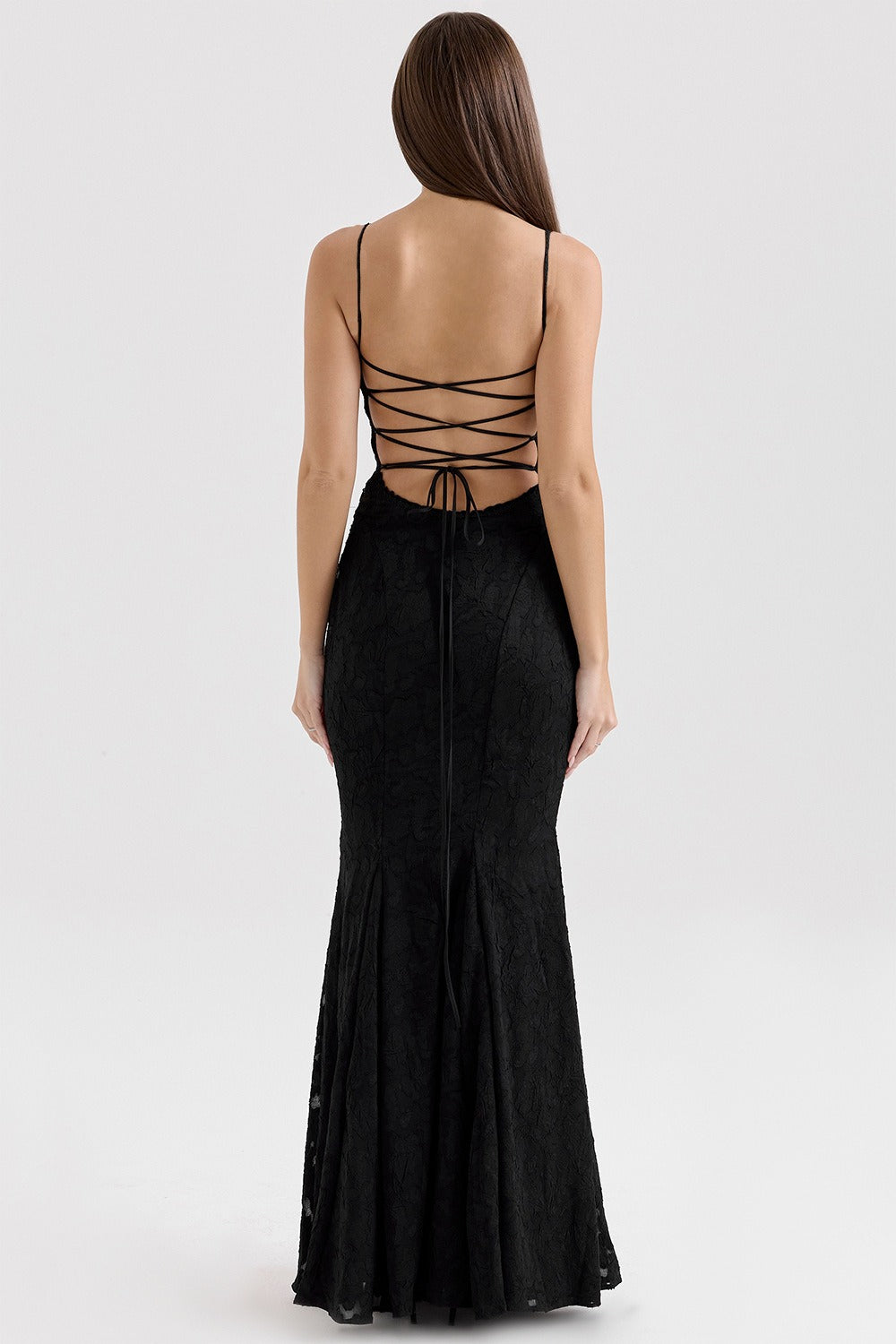Strapless Lace Backless Waist Tie Maxi Lace Dress
