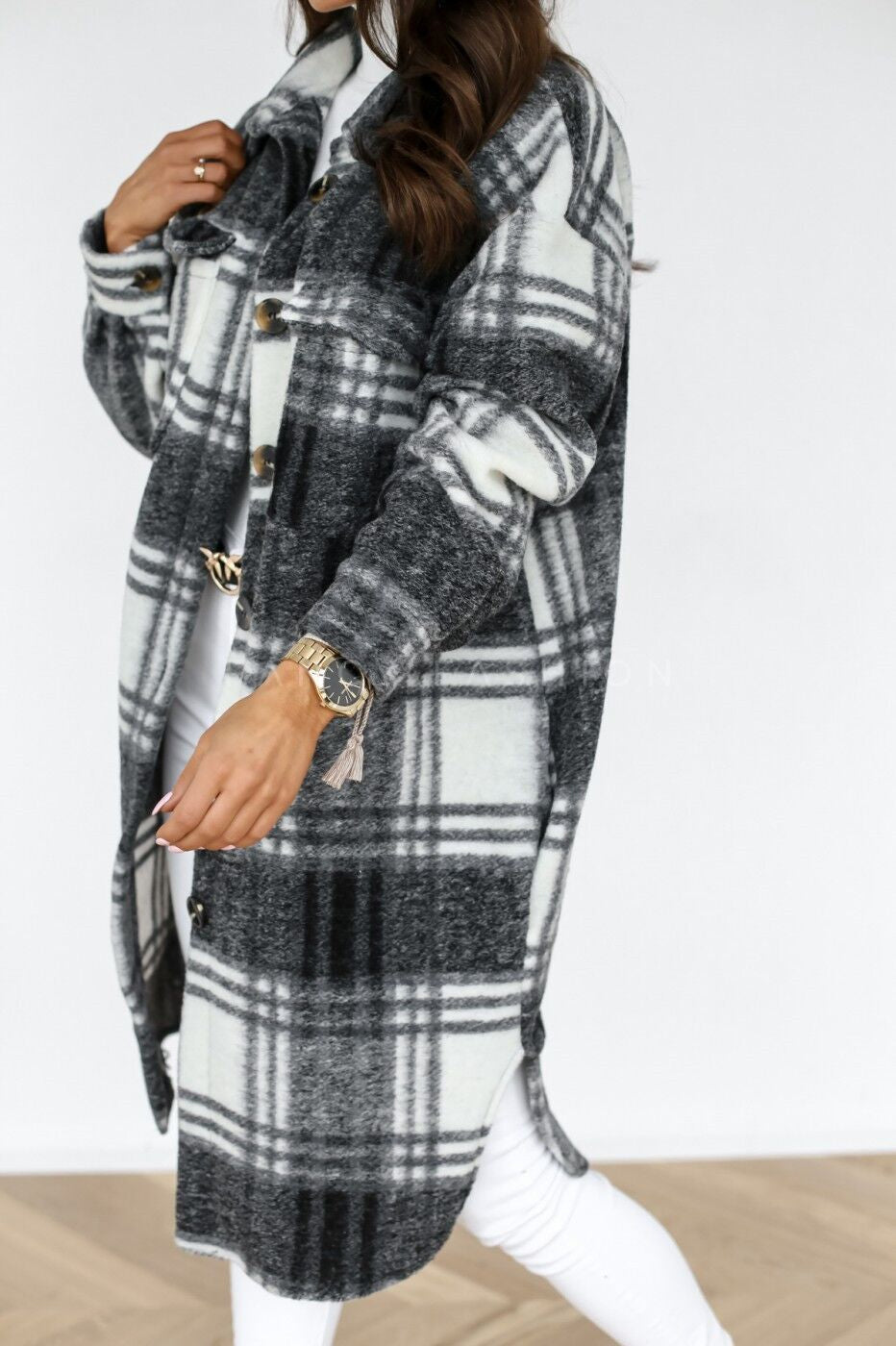 Plaid Button Front Flap Pocket Longline Shirt Coat 10