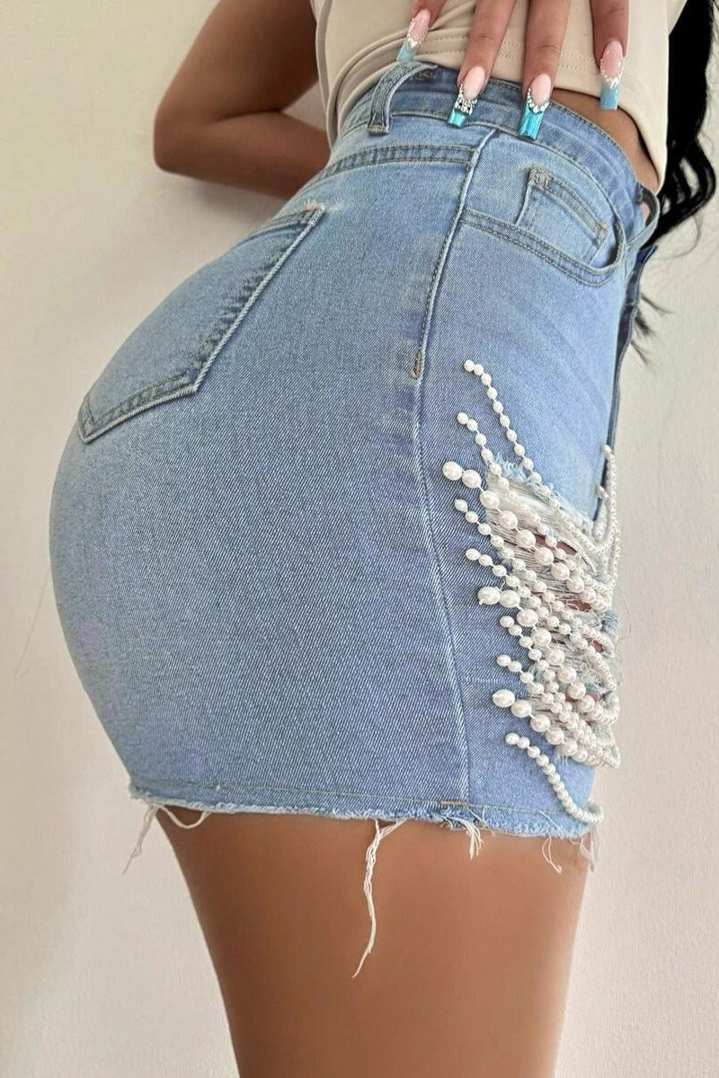 Embellished Distressed High Waist Shorts