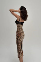 Lace Trim Leopard Cami Sequin Backless Fit Lace Dress