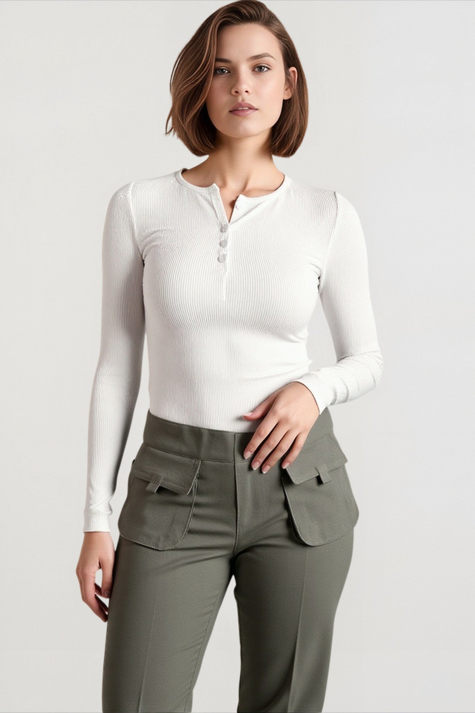 Deep V-Neck Ribbed Long Sleeve Top