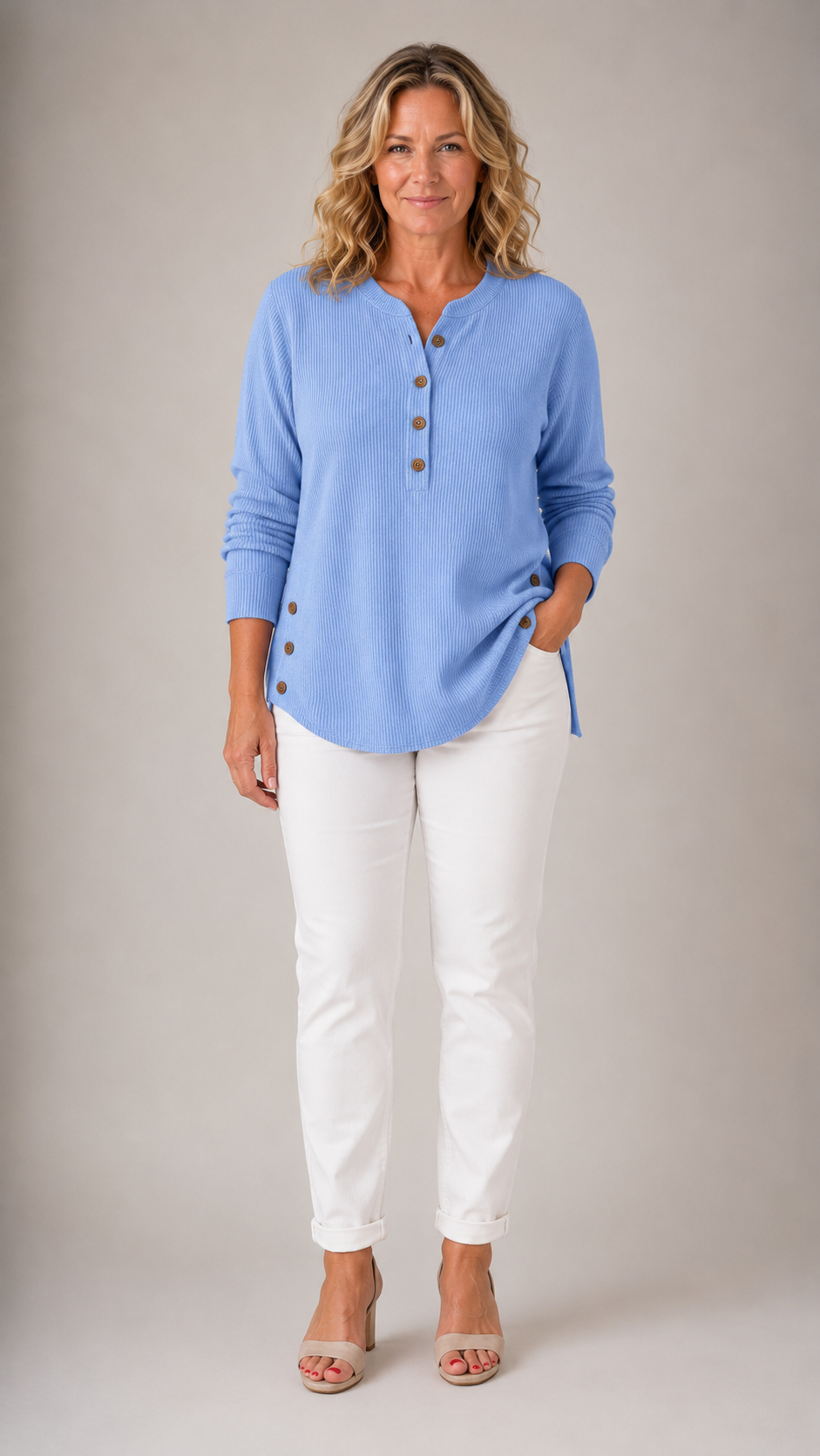 Waffle Knit Button Placket Long Sleeve Tunic Top