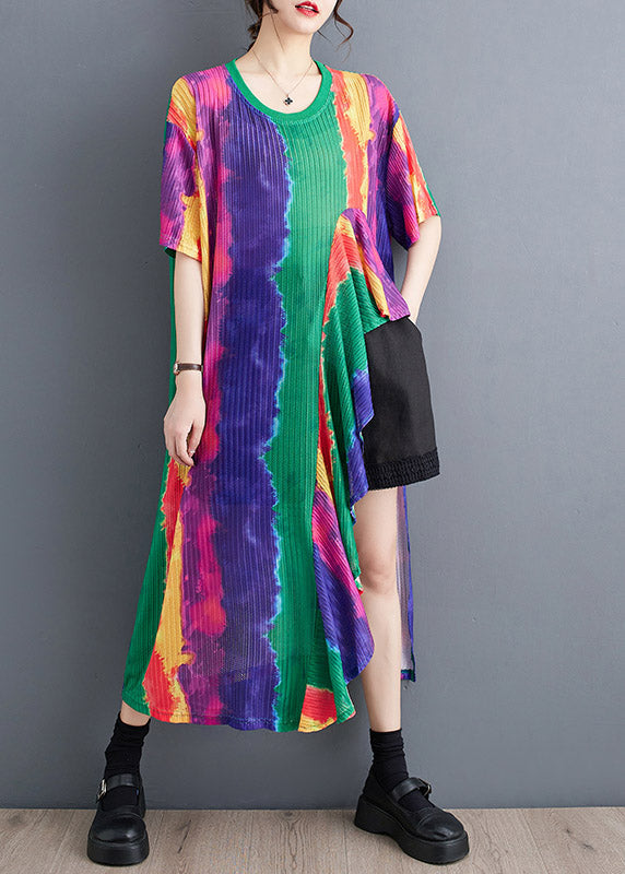 Plissé Abstract Stripe Print Round Neck Short Sleeve Asymmetric Pocket Midi Dress