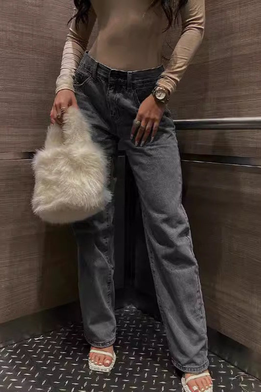 High-Waist Distressed Straight-Leg Denim Jeans