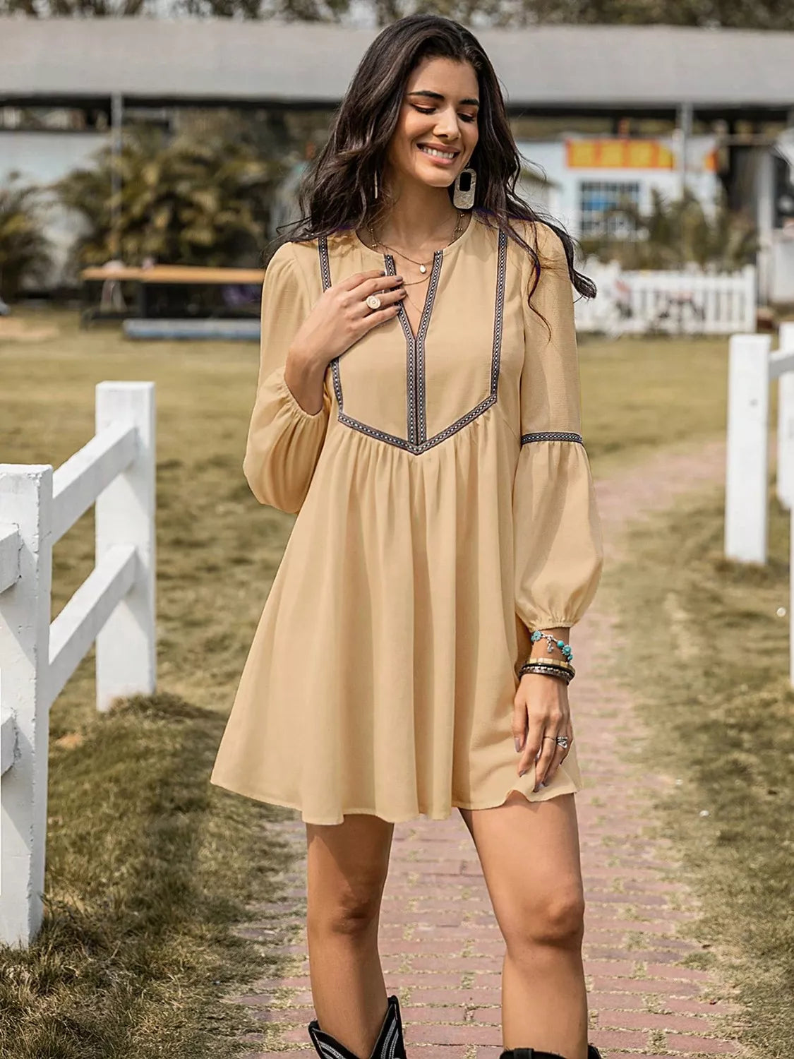 Embroidered Tape Trim Notch Neck Long Sleeve Smock Mini Dress 21