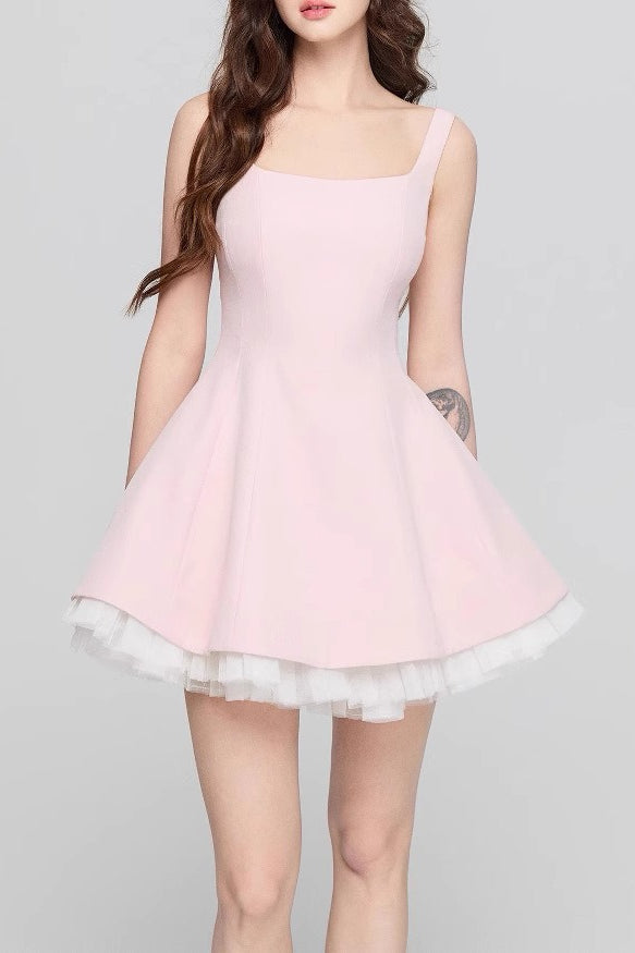 Square Neck Mesh Panel Mini Dress - View 4