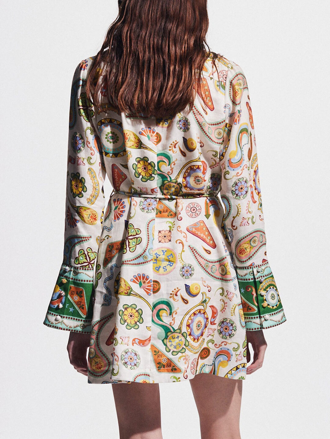 Paisley Print Pointed Collar Bell Sleeve Button Front Belted Mini Shirt Dress 4