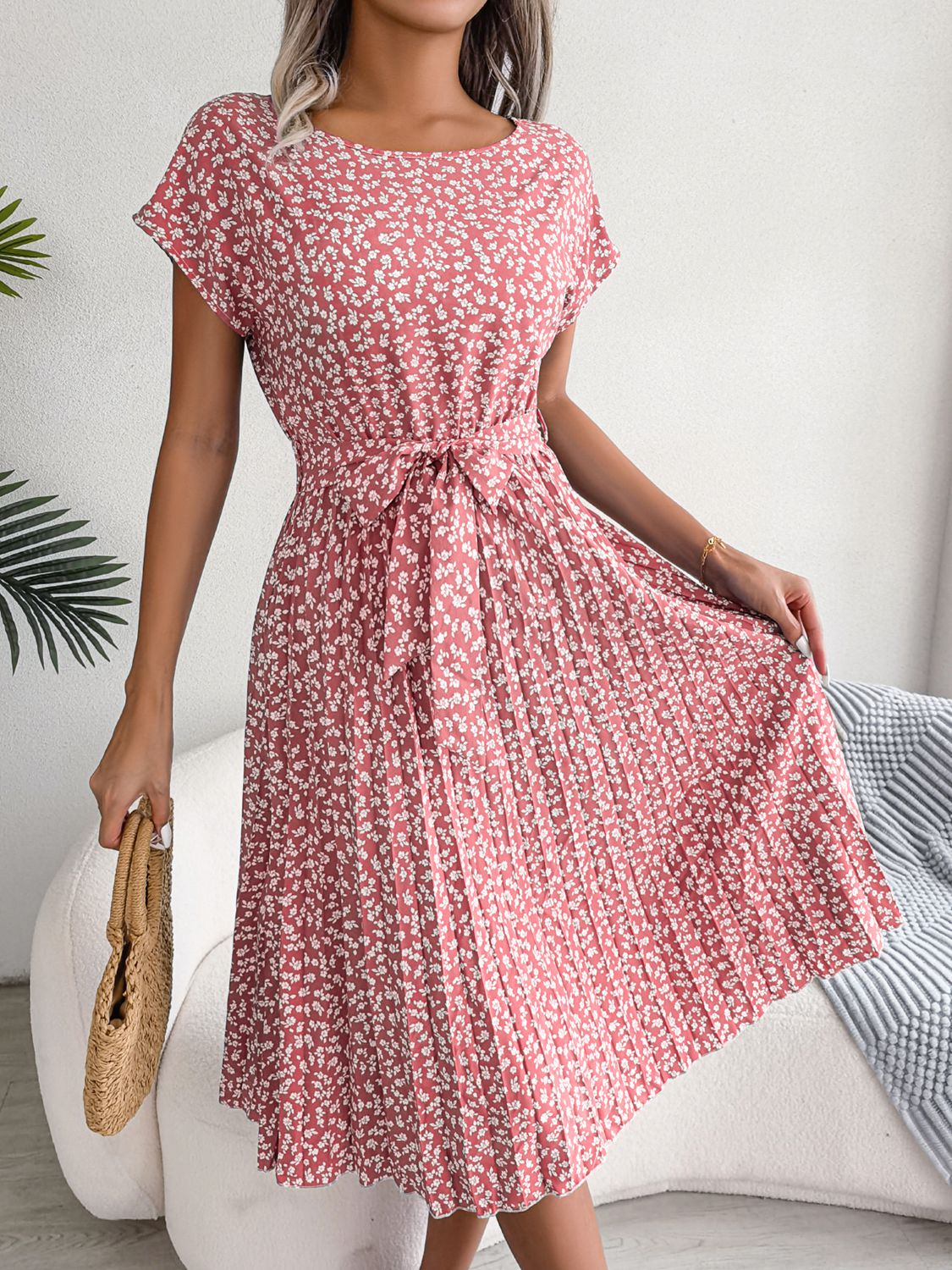 Ditsy Floral Pleated Belted Dress Blush Pink