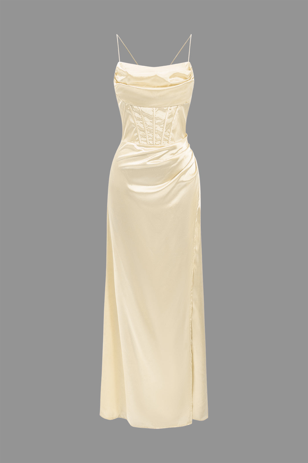 Satin Cowl Neck Corset Bodice Spaghetti Strap High Split Maxi Gown 16