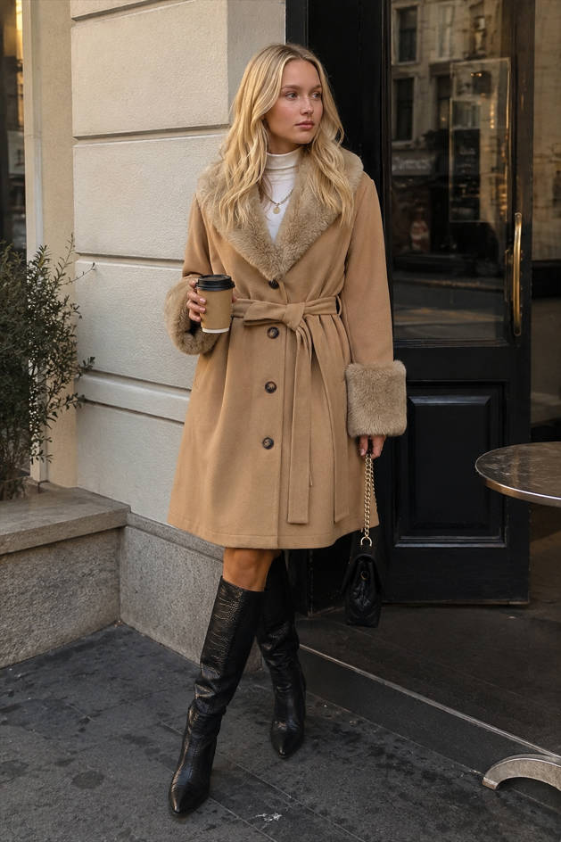 Faux Fur Collar and Cuff Belted Button Front Midi Coat 2