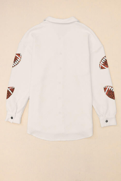 Sequin Football Patch Textured Collared Snap Button Shirt Jacket 4